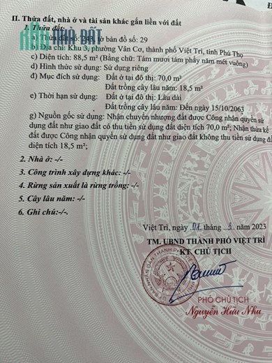 Chính chủ cần bán lô đất Tại Khu 3 Phường Vân Cơ - TP Việt Trì – Tỉnh Phú Thọ.