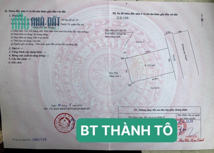Bán đất Biệt Thự cực đẹp diện tích 144m MT 9 m, đường 12m GIÁ 58 tr/m ngay Thành Tô - Hải An
