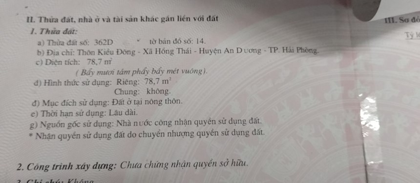 Bán đất tặng nhà cấp 4 diện tích 78.8 m2 Hồng Thái, An Dương giá 15tr/m2