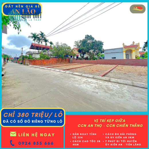 Bán nhanh lô đất giá rẻ ngay cụm CN An Thọ, An Lão, Hải Phòng giá chỉ 380 triệu/ lô.