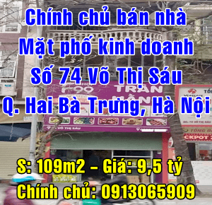 Chính chủ bán nhà mặt phố kinh doanh số 74 Võ Thị Sáu, Hai Bà Trưng 109m2 giá 9.5 tỷ