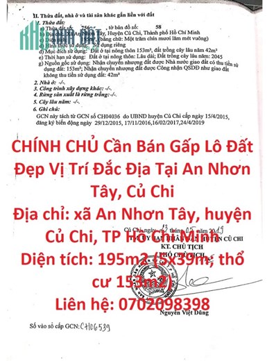 CHÍNH CHỦ Cần Bán Gấp Lô Đất Đẹp Vị Trí Đắc Địa Tại An Nhơn Tây, Củ Chi