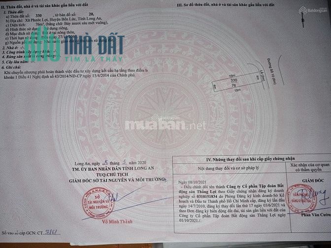 chỉ 1ty190 đất BẾN LỨC đã có sổ hồng riêng,sang tên ngay