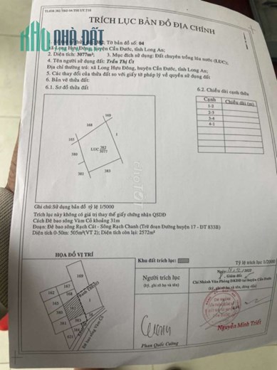 Bán 3077m2 đất MT gần KDL Đồn Rạch Cát Long An, SHR, 1.2 tỷ. Lh:0985194768