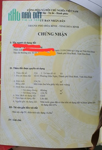 Cần bán lô đất diện tích 124,7m2, vị trí tại phường Đồng Tiến, thành phố Hòa Bình