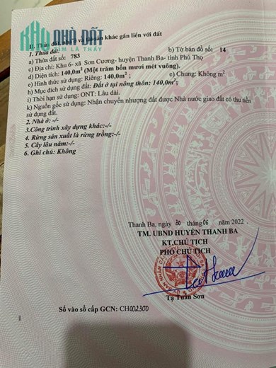 Chính chủ cần bán lô đất thuộc Khu 6 – Xã Sơn Cương – Huyện Thanh Ba – Tỉnh Phú Thọ.