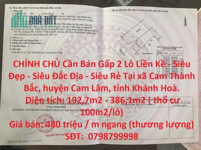 CHÍNH CHỦ Cần Bán Gấp 2 Lô Liền Kề - Siêu Đẹp - Siêu Đắc Địa - Siêu Rẻ Tại Cam Lâm