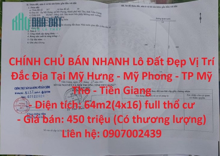 CHÍNH CHỦ BÁN NHANH Lô Đất Đẹp Vị Trí Đắc Địa Tại Mỹ Hưng - Mỹ Phong - TP Mỹ Tho - Tiền Giang