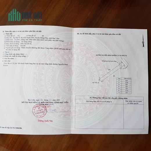 CHÍNH CHỦ BÁN NHANH LÔ ĐẤT Vị Trí Đắc Địa Tại Huyện Hồng Dân, Bạc Liêu - Giá Ưu Đãi
