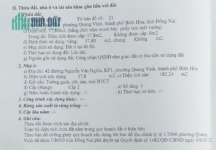 Chính chủ Bán nhà đường Nguyễn Văn Nghĩa, phường Quang Vinh, TP Biên Hòa, Đồng Nai