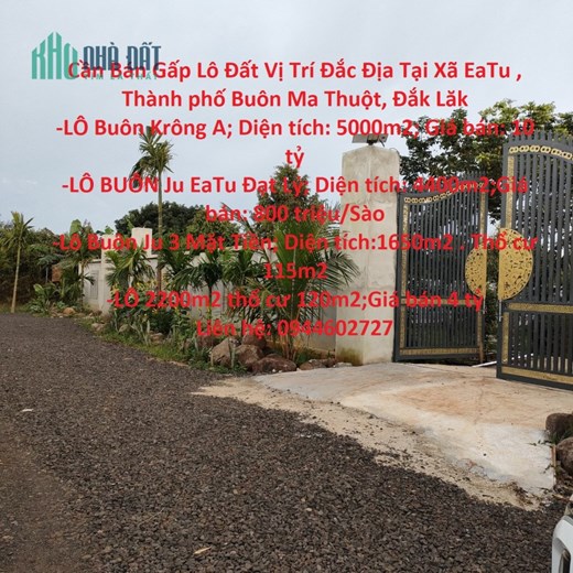 Cần Bán Gấp Lô Đất Vị Trí Đắc Địa Tại Xã EaTu , Thành phố Buôn Ma Thuột, Đắk Lăk
