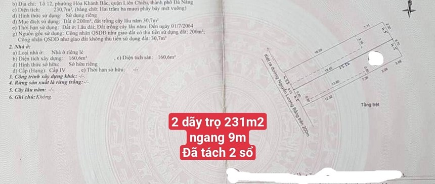 bán dãy trọ 231m2 ngang 9m  cạnh đại học bách khao đà nẵng