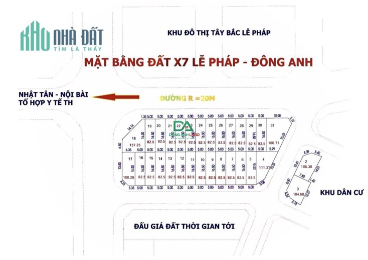 Bán đất đấu giá Tây Bắc Lễ Pháp, Tiên Dương, huyện Đông Anh, TP Hà Nội đường 20m gần bệnh viện TH