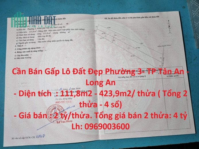 Cần Bán Gấp Lô Đất Đẹp Phường 3- TP Tân An - Long An