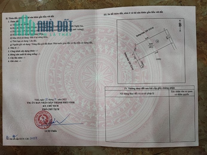 BÁN 147,5M2 THỔ CƯ TẠI TP VINH, SĐCC, 3.2 TỶ. LH: 0941416319, 0849463234