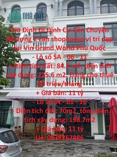 Gia Đình Đi Định Cư Cần Chuyển Nhượng 2 căn shophouse vị trí đẹp tại Vin Grand World Phú Quốc