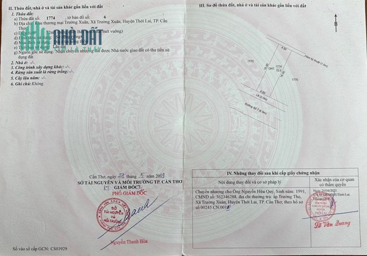 Cần bán đất ngay chợ thương mại trường xuân, huyện thới lai, Tp cần thơLiên Hệ Chị Vy: 0907779383