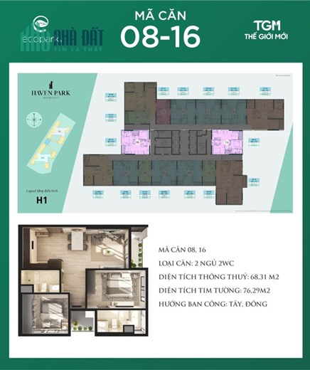 Chính chủ bán căn hộ số 16 tầng Trung, toà H2 Haven Park Ecopark view Biệt thự đảo và hướng thẳng