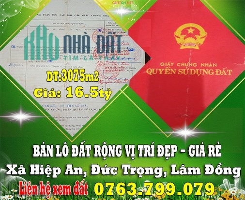 BÁN LÔ ĐẤT RỘNG ĐẸP CÓ 1-0-2 XÃ HIỆP AN, ĐỨC TRỌNG, LÂM ĐỒNG - GIÁ ĐẦU TƯ F0