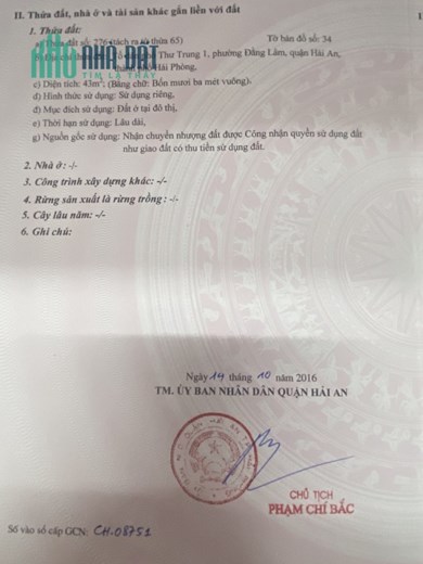 Bán nhà ngõ 41 Thư Trung - Hải An, 43m x 3.5 tầng ngõ nông, GIÁ 2.45 tỉ