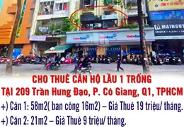 CHO THUÊ CĂN HỘ LẦU 1 TRỐNG TẠI 209 Trần Hưng Đạo, P. Cô Giang, Q1, TPHCM.
