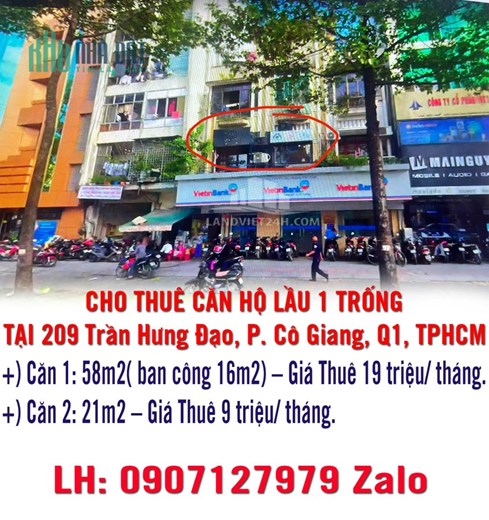 CHO THUÊ CĂN HỘ LẦU 1 TRỐNG TẠI 209 Trần Hưng Đạo, P. Cô Giang, Q1, TPHCM.