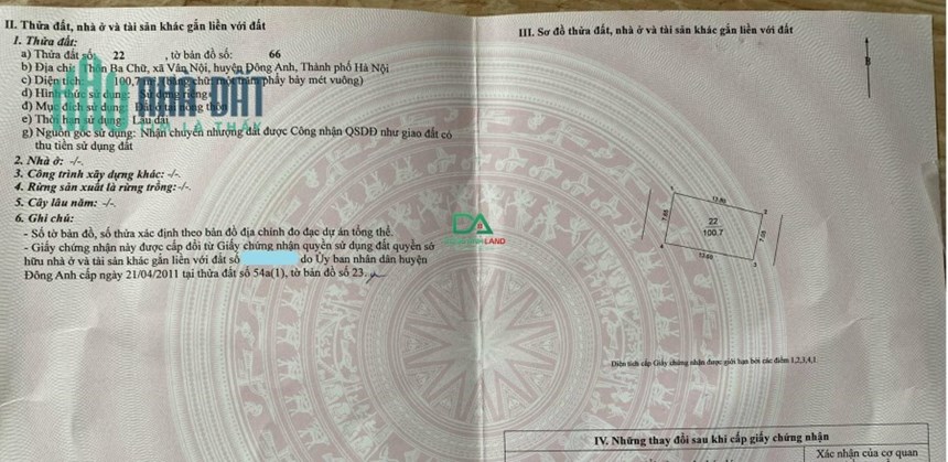 Bán 100.7m đất thôn Ba Chữ, Vân Nội – 2 mặt đường – Xe tải thông