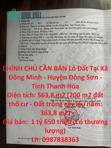 CHÍNH CHỦ CẦN BÁN Lô Đất Tại Xã Đông Minh - Huyện Đông Sơn - Tỉnh Thanh Hóa