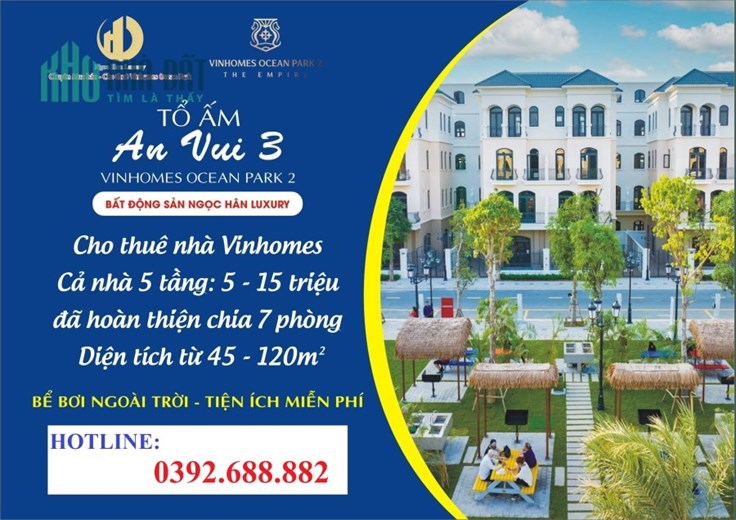 Chính chủ cho thuê Shophouse, Biệt thự tại Vinhomes Ocean Park, hoàn thiện đẹp các tầng. Giá 8