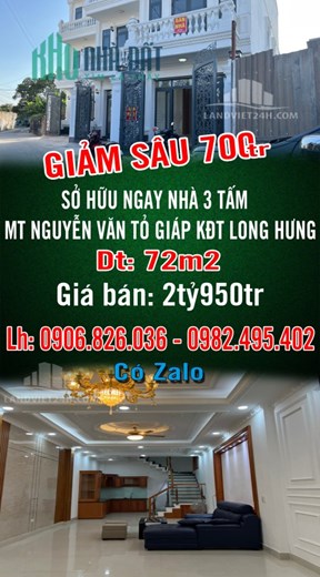 GIẢM SÂU 700TR SỞ HỮU NGAY NHÀ 3 TẤM MT NGUYỄN VĂN TỎ GIÁP KĐT LONG HƯNG