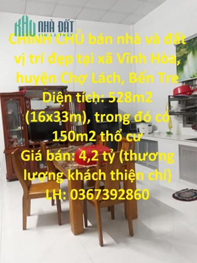 CHÍNH CHỦ bán nhà và đất vị trí đẹp tại xã Vĩnh Hòa, huyện Chợ Lách, Bến Tre