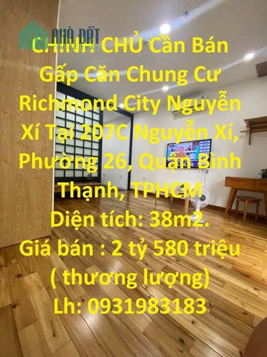 CHÍNH CHỦ Cần Bán Gấp Căn Chung Cư Richmond City Nguyễn Xí Tại Quận Bình Thạnh