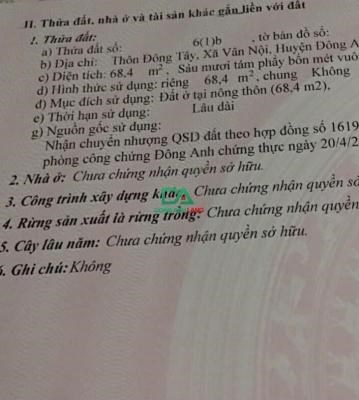 Bán Đất xã Vân Nội Đông Anh 68.4m thôn Đông Tây đường trục chính 7m giá hạt dẻ