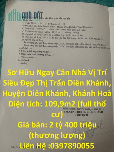 Sở Hữu Ngay Căn Nhà Vị Trí Siêu Đẹp Thị Trấn Diên Khánh, Huyện Diên Khánh, Khánh Hoà