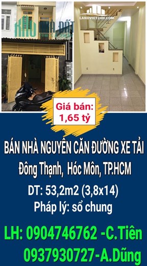 CHÍNH CHỦ BÁN NHÀ NGUYÊN CĂN ĐƯỜNG XE TẢI XÃ ĐÔNG THẠNH, HUYỆN HÓC MÔN