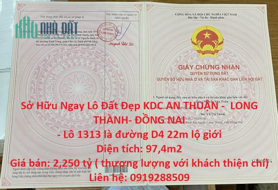 Sở Hữu Ngay Lô Đất Đẹp KDC AN THUẬN -  LONG THÀNH- ĐỒNG NAI