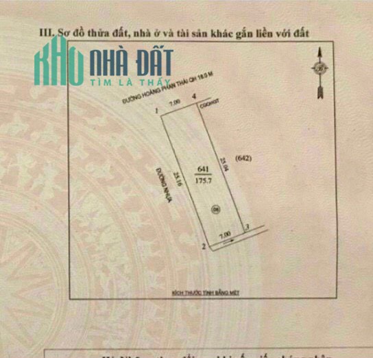 Bán đất Lô góc 175m2 mặt đường Hoàng Phan Thái - Nghi Phú