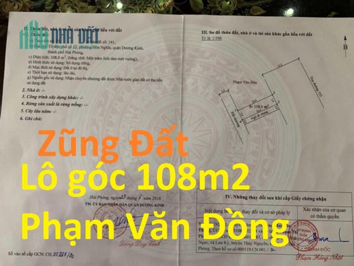 Lô góc 108m2  mặt đường Phạm Văn Đồng , Dương Kinh Hải Phòng Hơn  30 tr/m2