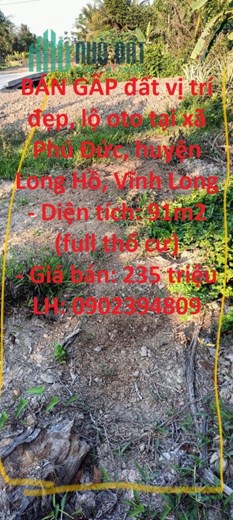 BÁN GẤP đất vị trí đẹp, lộ oto tại xã Phú Đức, huyện Long Hồ, Vĩnh Long