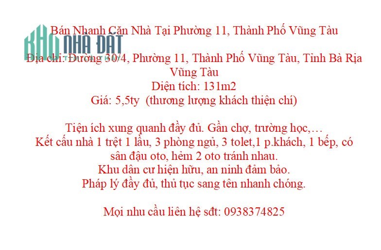 Bán Nhanh Căn Nhà Tại Phường 11, Thành Phố Vũng Tàu
