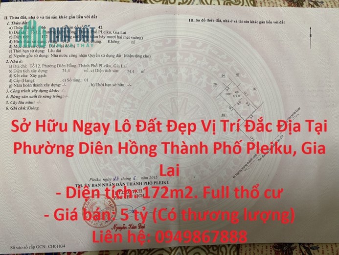 Sở Hữu Ngay Lô Đất Đẹp Vị Trí Đắc Địa Tại Phường Diên Hồng Thành Phố Pleiku, Gia Lai
