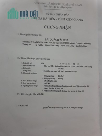 Tỉnh Kiên Giang , TP.Hà Tiên , Chính chủ Bán đất Mặt tiền đường TL 28, Liên hệ : 0902616788