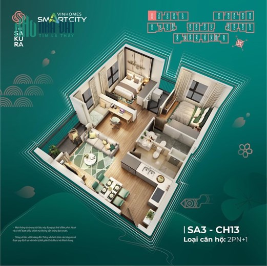 Căn 2PN+1 (2WC) The Sakura – Vinhomes Smart city view công viên vườn Nhật giá chỉ 2,9 tỷ