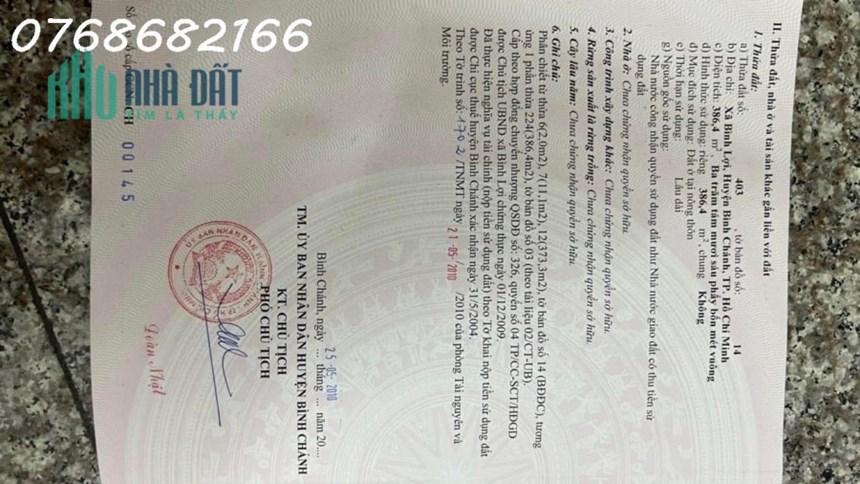Chính chủ cần bán lô đất Xã Bình Lợi - Huyện Bình Chánh - Tp.Hcm