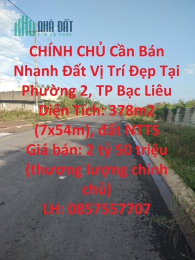 CHÍNH CHỦ Cần Bán Nhanh Đất Vị Trí Đẹp Tại Phường 2, TP Bạc Liêu