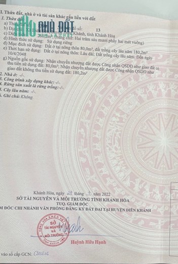 Lô đất tại Xã Diên Sơn - Huyện Diên Khánh cần bán : chỉ 1 tỷ 250