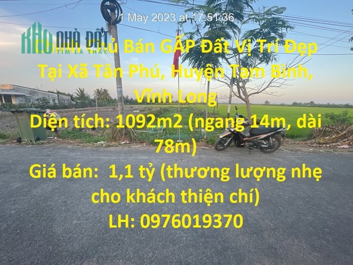 Chính Chủ Bán GẤP Đất Vị Trí Đẹp Tại Xã Tân Phú, Huyện Tam Bình, Vĩnh Long