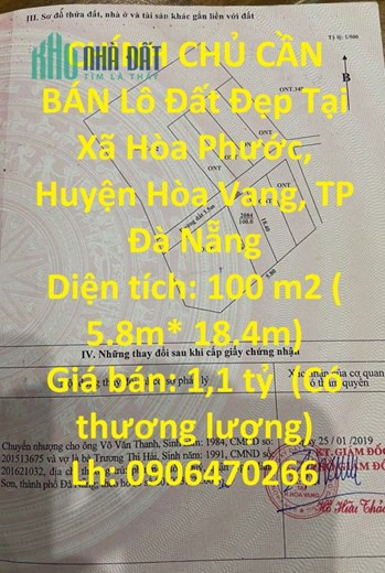 CHÍNH CHỦ CẦN BÁN Lô Đất Đẹp Tại Xã Hòa Phước, Huyện Hòa Vang, TP Đà Nẵng