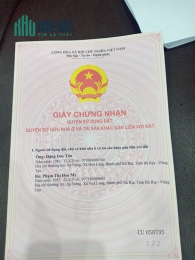 Bán đất lô góc 2MT đường nhựa lớn tại TP Bà Rịa 200m2 SHR 1.99 tỷ. Lh:0981335152,