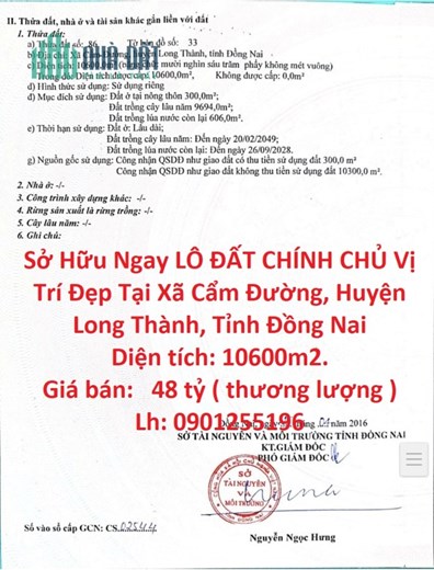 Sở Hữu Ngay LÔ ĐẤT CHÍNH CHỦ Vị Trí Đẹp Tại Xã Cẩm Đường, Huyện Long Thành, Tỉnh Đồng Nai